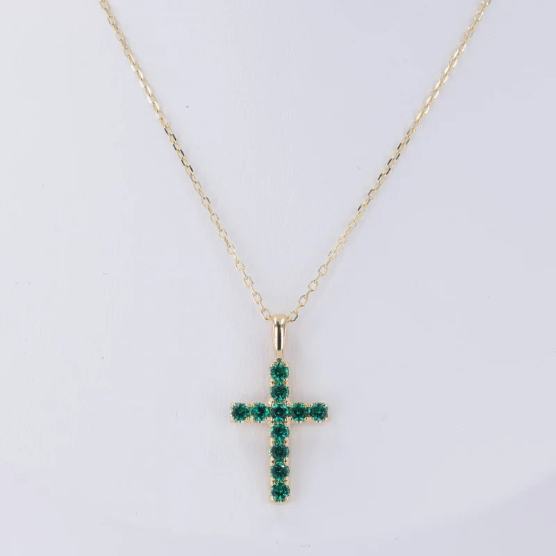 2mm, 0.80ctw Lab-Grown Colombian Emerald Cross Pendant Necklace in 14K Yellow Gold