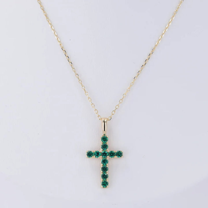 2mm, 0.80ctw Lab-Grown Colombian Emerald Cross Pendant Necklace in 14K Yellow Gold