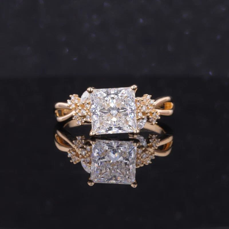 3ct Princess Cut Diamond with Diamond Vine Twist Ring in 14K Solid Yellow Gold