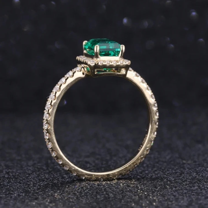 5x7mm, 1.00ct Lab-Grown Zambian Emerald with Diamond Halo/Full-Eternity Band Ring in 14K Yellow Gold