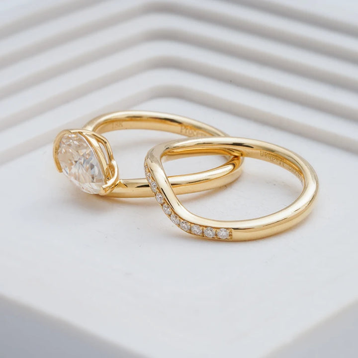 7*10mm Pear Cut Moissanite Curved Ring with Stackable Pave Ring in 18K Solid Yellow Gold