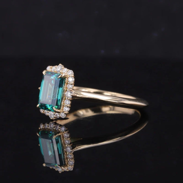 5x7mm, 1.00ct Emerald Cut Green Moissanite with Diamond Halo Ring in 14K Solid Yellow Gold