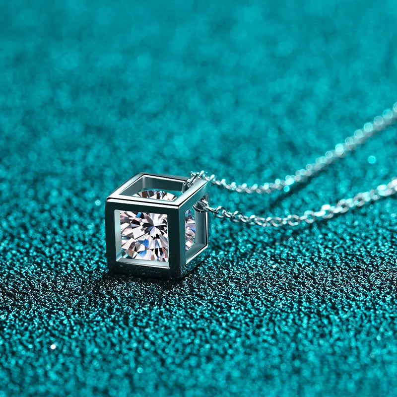 Cube Moissanite Pendant Necklace in 925 silver