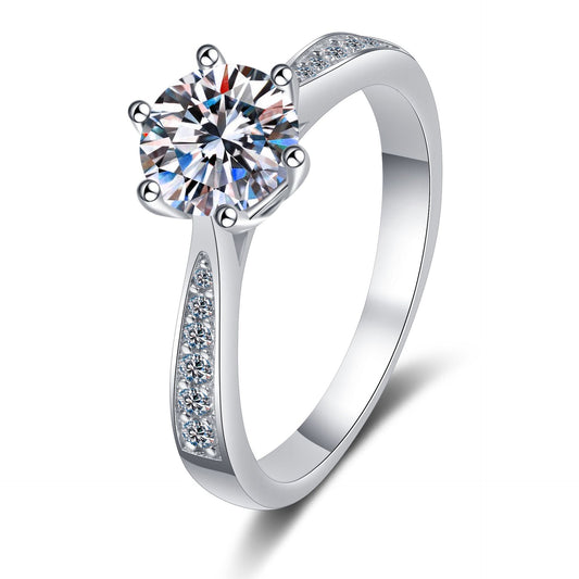 Moissanite Ring with Graduated 6-Spring Design in White Gold-Plated 925 Silver