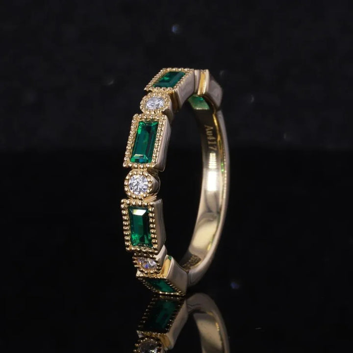 2x5mm Each, 0.75ctw Baguette Lab-Grown Colombian Emerald with Diamond Half-Eternity Band Ring in 14K Yellow Gold