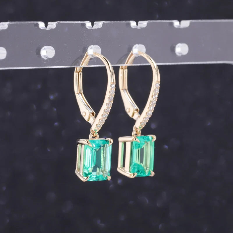 5x7mm, 1.00ct Each Lab-Grown Colombian Emerald Dangle Earrings with Diamonds in 10K Yellow Gold