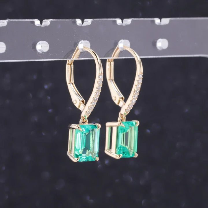5x7mm, 1.00ct Each Lab-Grown Colombian Emerald Dangle Earrings with Diamonds in 10K Yellow Gold