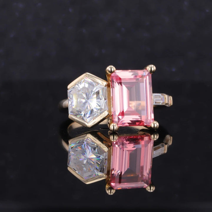 7.5x10mm Emerald Cut Sakura Pink Sapphire & 7.5mm Hexagon Cut Moissanite Toi Et Moi Ring in 14K Yellow Gold