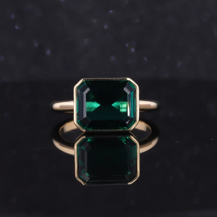 9x11mm, 4.60ct Lab-Grown Zambian Emerald East-to-West Bezel Set Ring in 14K Yellow Gold