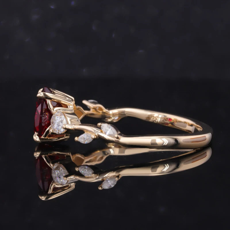 7x9mm, 2.50ct Oval Lab-Grown Red Ruby Ring with Floral Diamond Band in 14K Yellow Gold
