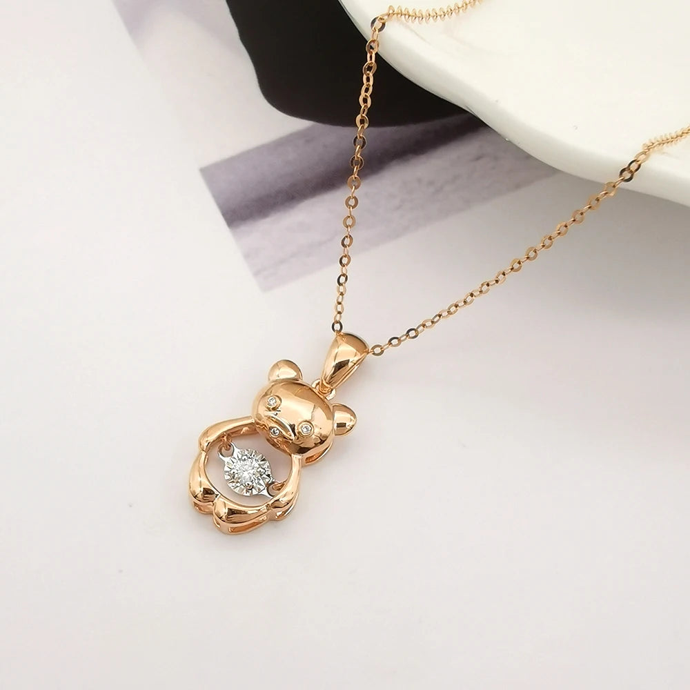 Bear Pendant Necklace with Dancing Diamond in 18K Solid Yellow Gold
