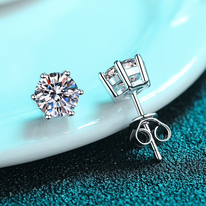 Round Moissanite Earrings in Platinum-Plated 925 Sterling Silver (6 prongs)