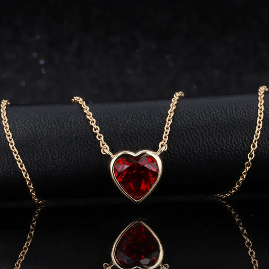 Bezel Set Heart Cut Ruby Pendant Necklace in 18K Solid Yellow Gold