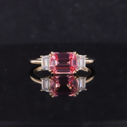9*11mm Emerald Cut Padparadscha Sapphire Ring with Trapezoidal Moissanite in 14K Solid Yellow Gold