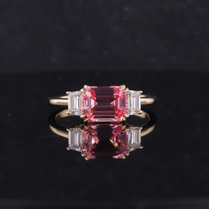 9x11mm, 6.10ct Emerald Lab-Grown Padparadscha Pink Sapphire with Diamonds Three-Stone Ring in 14K Yellow Gold