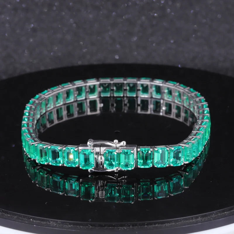 5*7mm Emerald Cut Columbian Green Emerald Tennis Bracelet in 14K Solid White Gold