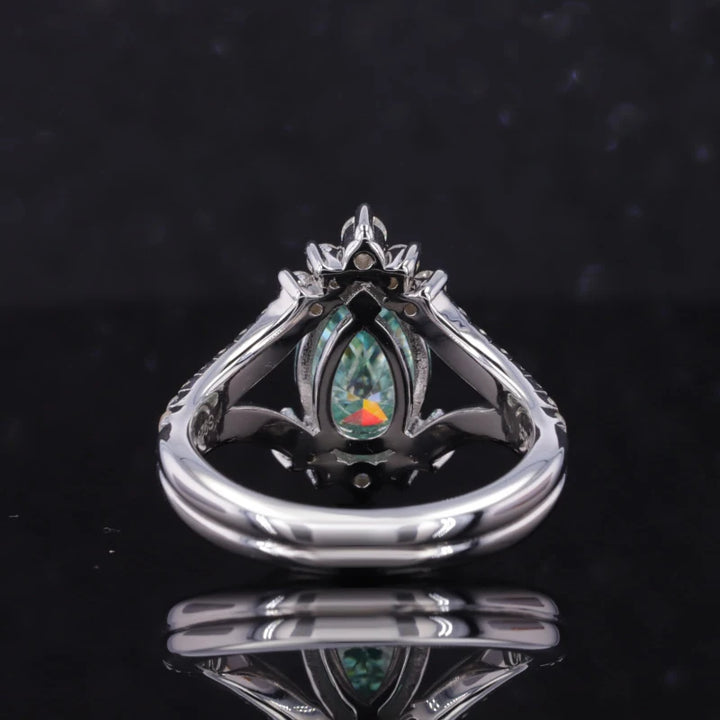 7x10mm Pear Cut Paraiba Diamond "Eye" Ring in 14K Solid White Gold