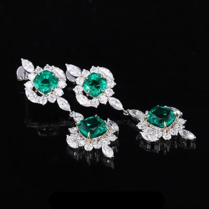 7mm, 1.50ct and 5mm, 0.75ct Cushion Lab-Grown Colombian Emerald with Moissanite Accents Dangle Earrings in 14K White Gold
