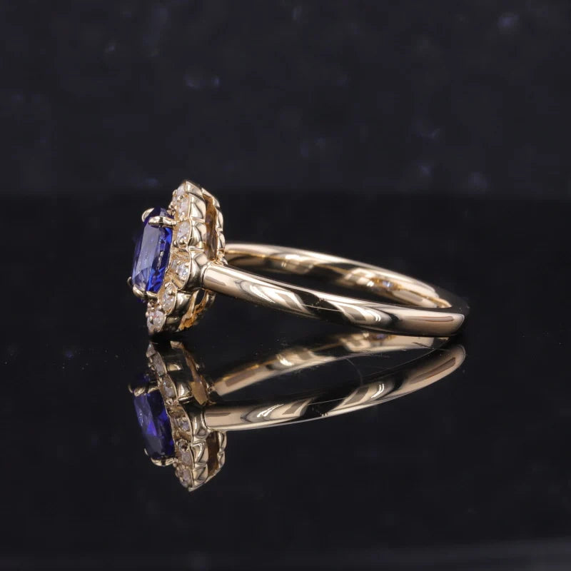 5x7mm, 1.00ct Oval Lab-Grown Blue Sapphire with Diamond Halo Vintage Ring in 14K Yellow Gold