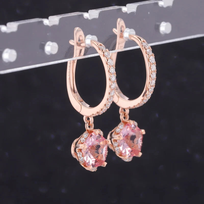 6x6mm, 1.25ct Each Pentagon Lab-Grown Pink Sapphire Hoop with Diamond Dangle Earrings in 14K Rose Gold