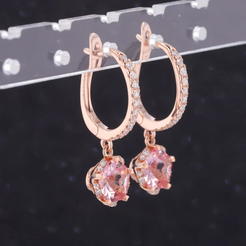 6*6mm Pentagon Cut Pink Sapphire Hoop with Moissanite Dangle Earrings in 14K Solid Rose Gold