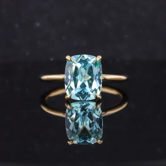 9*11mm Cushion Cut Paraiba Solitaire Ring in 14K Solid Yellow Gold