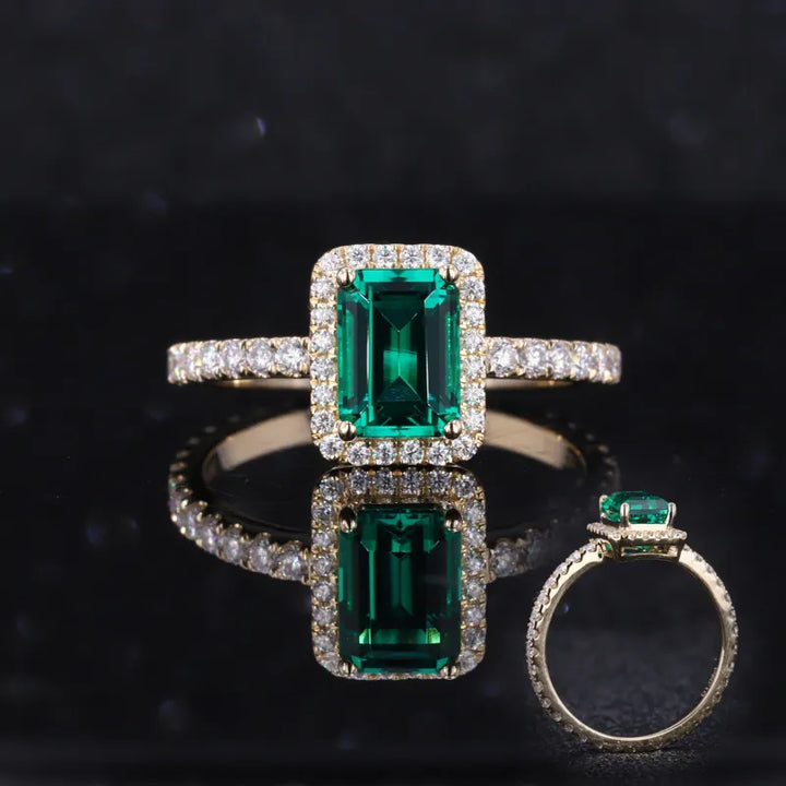 5x7mm, 1.00ct Lab-Grown Zambian Emerald with Diamond Halo/Full-Eternity Band Ring in 14K Yellow Gold