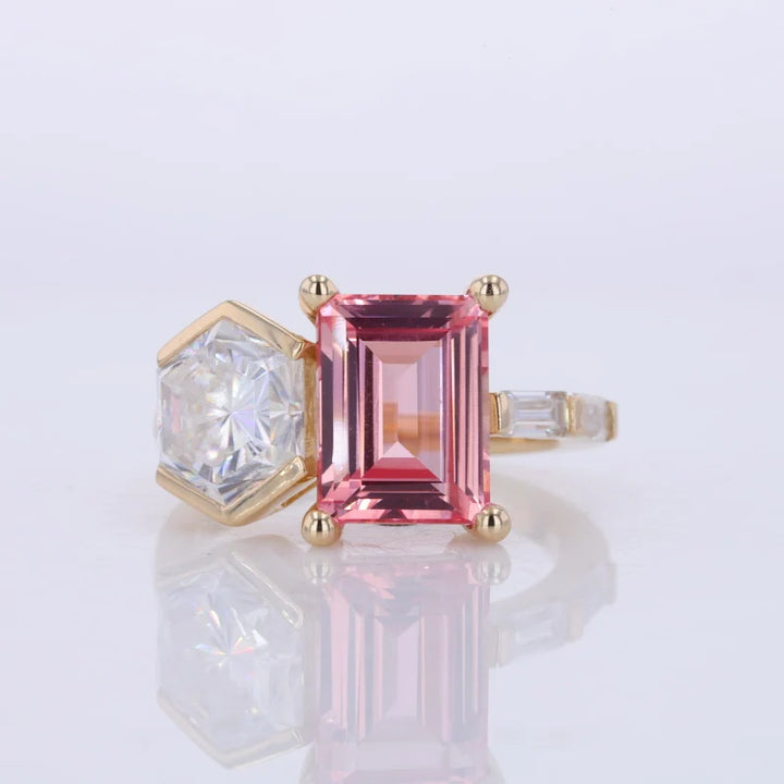 7.5x10mm Emerald Cut Sakura Pink Sapphire & 7.5mm Hexagon Cut Moissanite Toi Et Moi Ring in 14K Yellow Gold