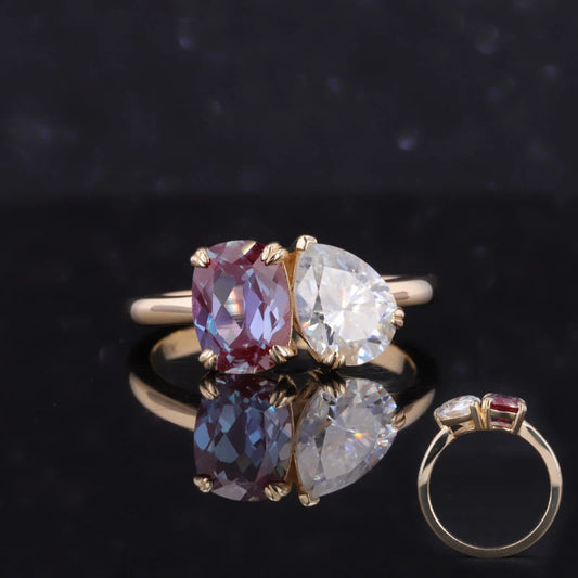 6*8mm Cushion Cut Alexandrite and 6*8mm Pear Cut Moissanite Toi Et Moi Ring in Solid 10K Yellow Gold