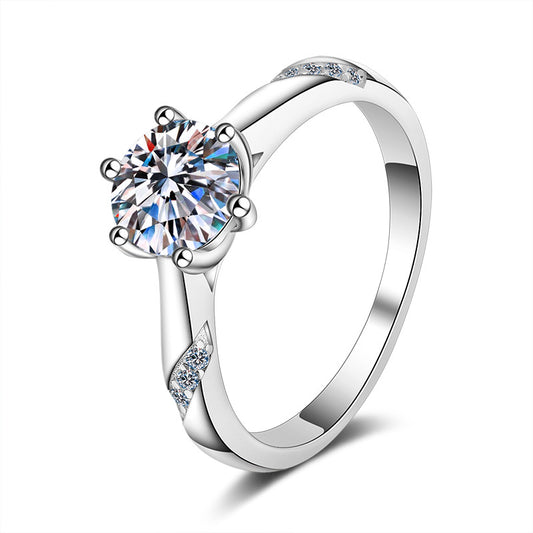 Women's 6-Prong Center Stone Moissanite Engagement Ring in White Gold-Plated 925 Silver