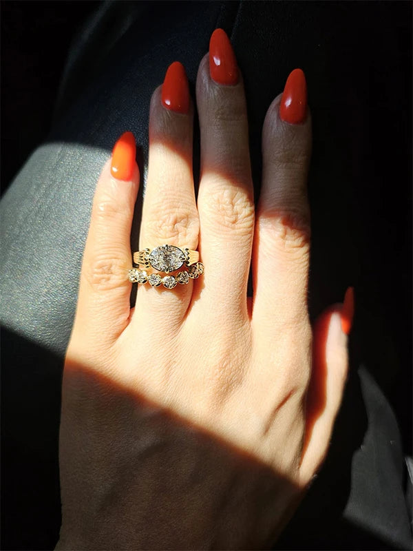 1.5ct Oval Diamond Vintage Ring with Matching 6-Stone Stacking Ring in 10K Solid Yellow Gold
