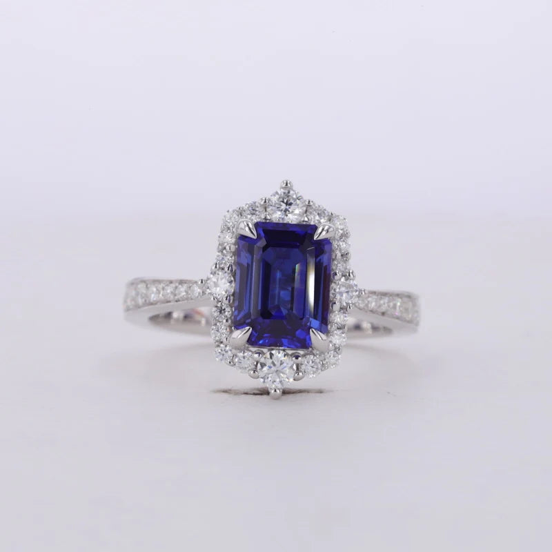 6x8mm, 2.10ct Emerald Lab-Grown Blue Sapphire Diamond Halo/Half-Eternity Ring in 14K White Gold