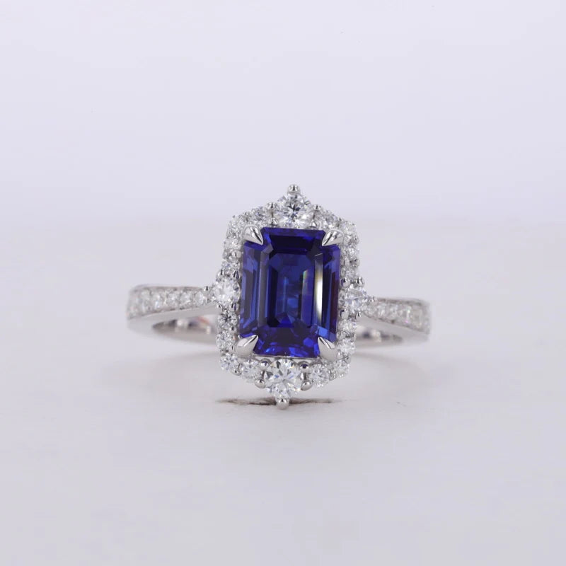 6*8mm Emerald Cut Blue Sapphire Moissanite Ring in 14K White Gold