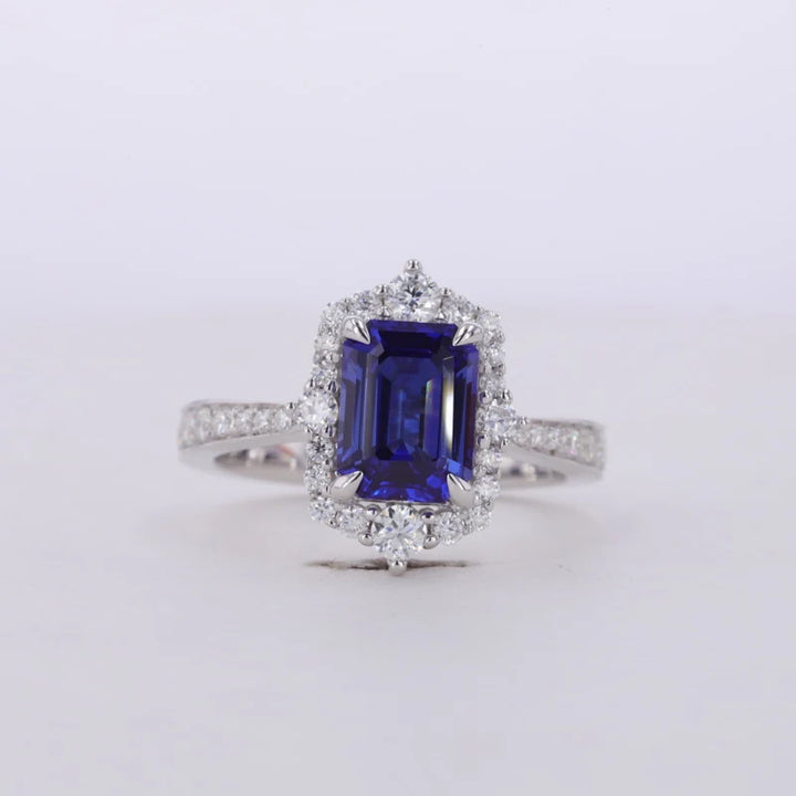 6x8mm, 2.10ct Emerald Lab-Grown Blue Sapphire Diamond Halo/Half-Eternity Ring in 14K White Gold
