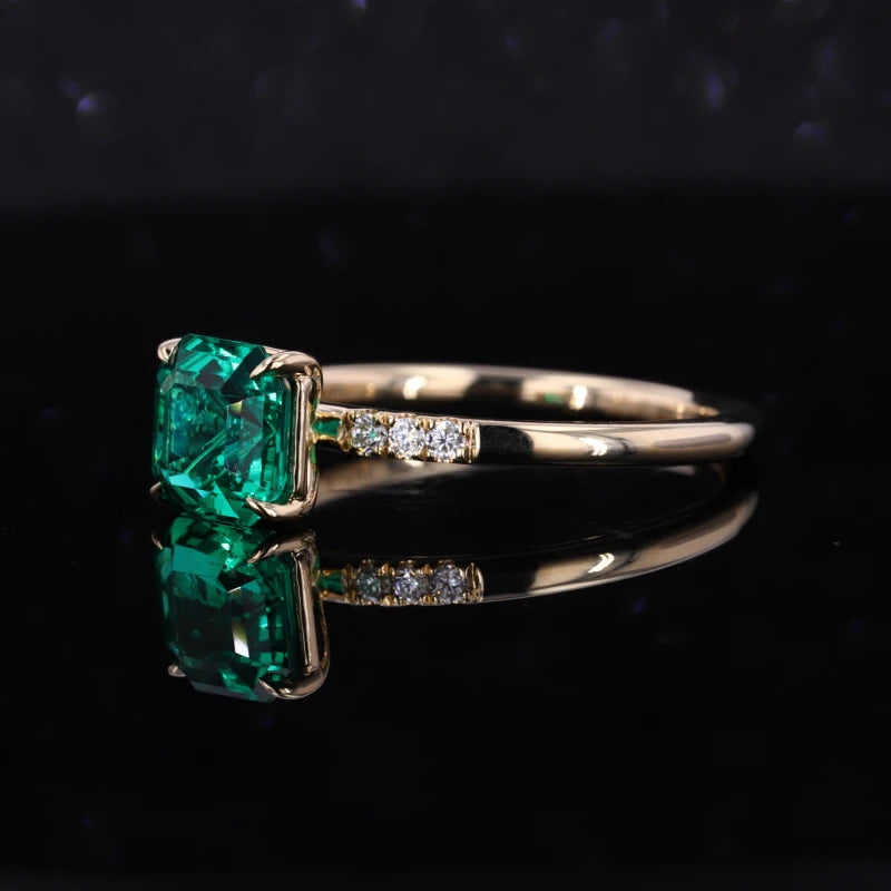 7x7mm, 1.50ct Asscher Lab-Grown Zambian Emerald with Diamond Accent Ring in Yellow Gold