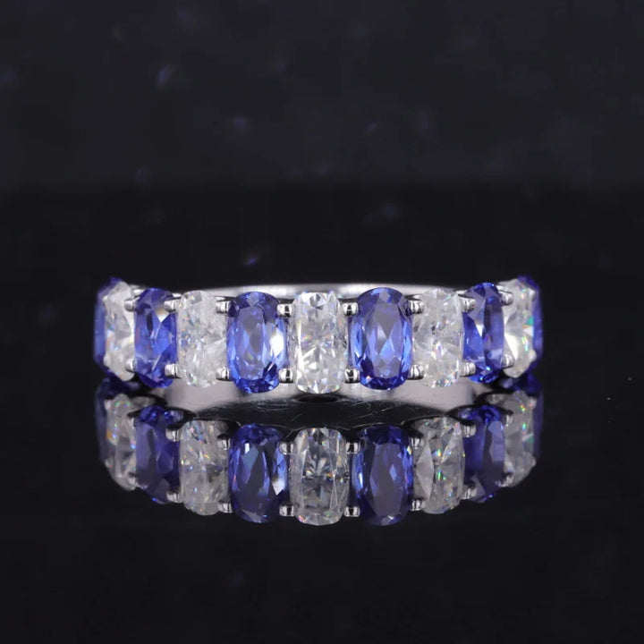 3x5mm, 3.35ctw Oval Lab-Grown Blue Sapphire & Diamond Alternating Half-Eternity Ring in 14K White Gold
