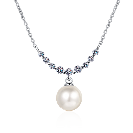 8mm Pearl and Moissanite Pendant Necklace in Platinum Plated 925 Silver