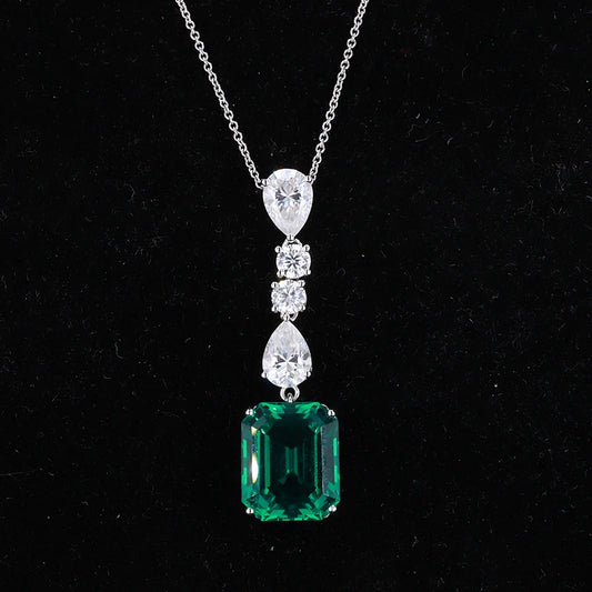10*12mm Emerald Pendant with Pear and Round Moissanite Rolo Neckalce with 10K White/Yellow Gold