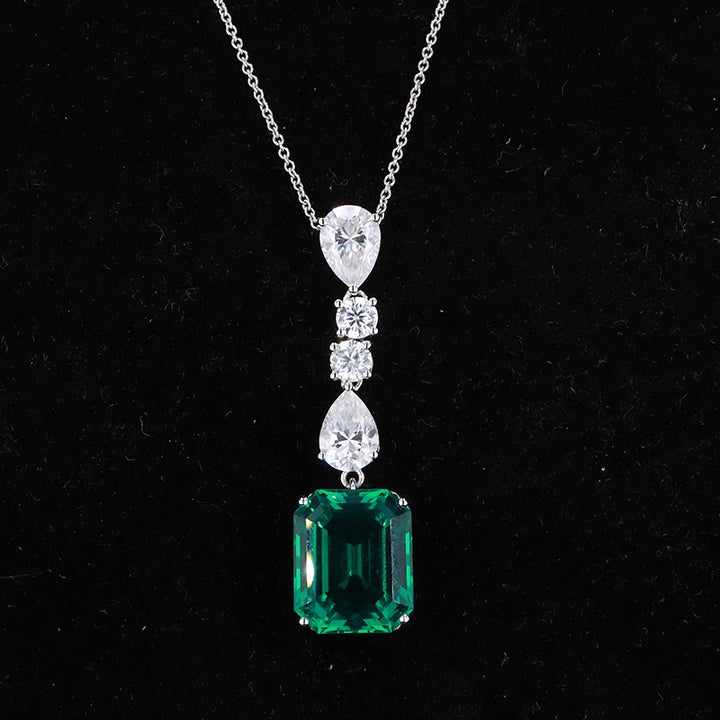 10x12mm, 4.50ct Lab-Grown Zambian Emerald Dangle Pendant with Pear/Round Diamonds Rolo Necklace in 14K White Gold