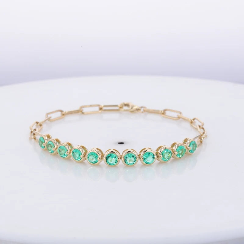 3.5mm, 3.50ctw Lab-Grown Colombian Emerald Charm Half-Tennis Bracelet in 10K Yellow Gold