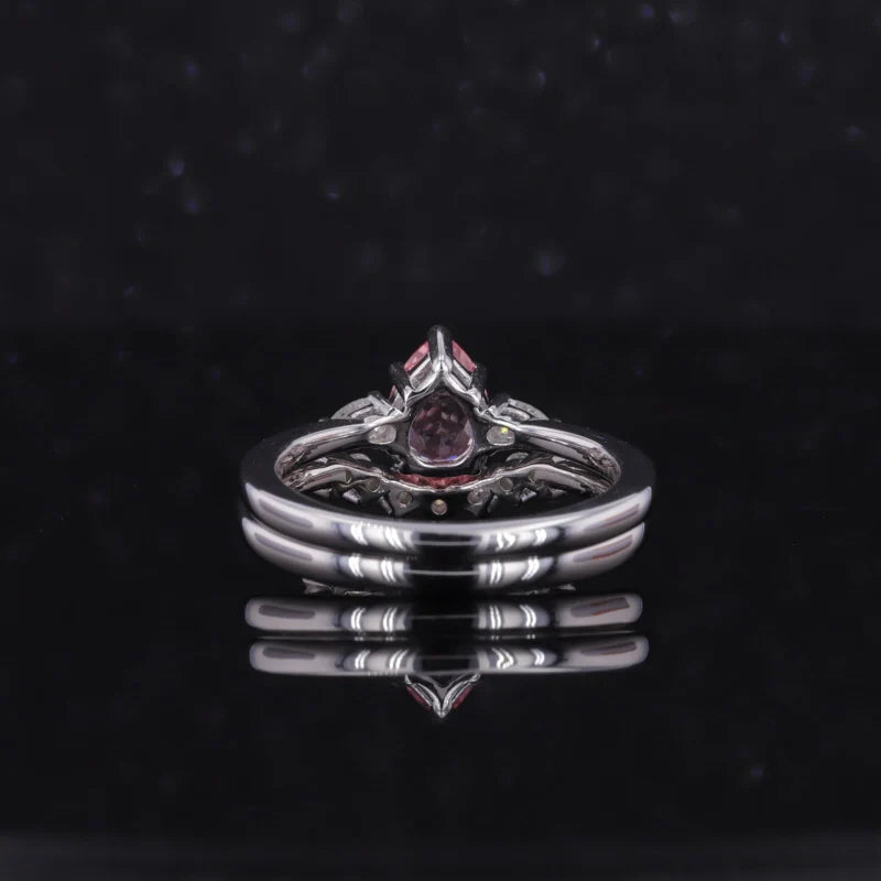5x7mm, 0.85ct Pear Lab-Grown Pink Sapphire with Pear Diamond Three-Stone Ring with Stacking Diamond Ring in 14K White Gold