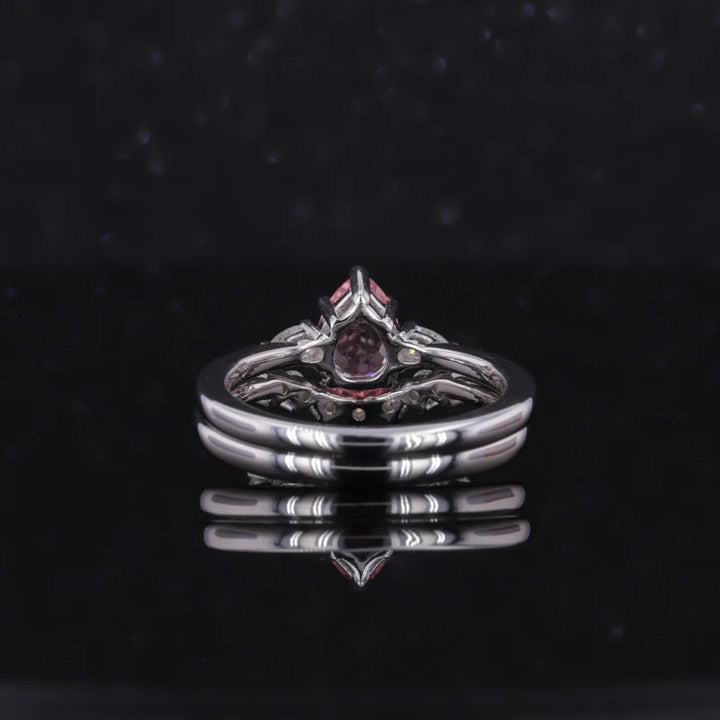 5x7mm, 0.85ct Pear Lab-Grown Pink Sapphire with Pear Diamond Three-Stone Ring with Stacking Diamond Ring in 14K White Gold