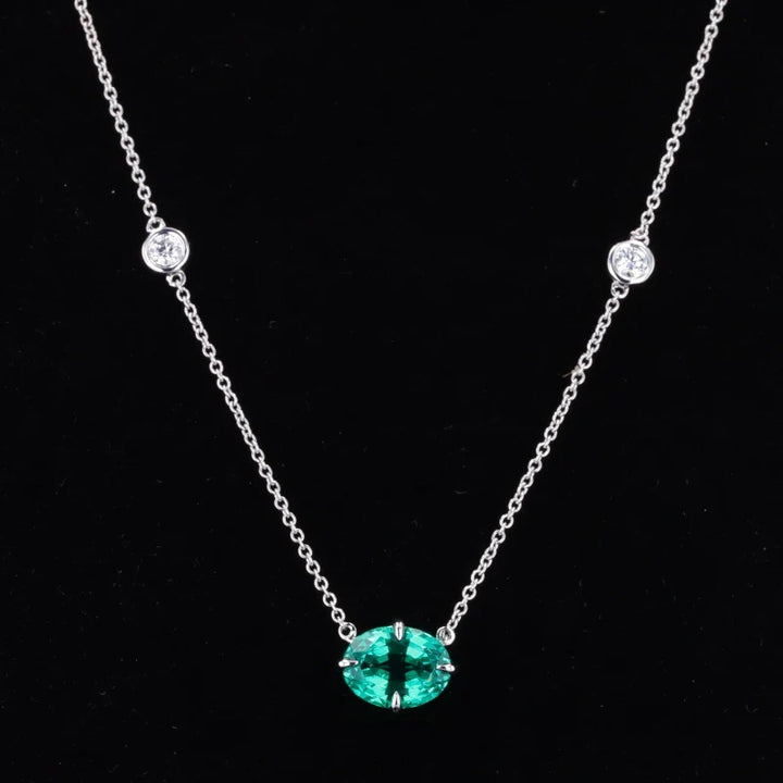 6x8mm, 1.50ct Oval Lab-Grown Colombian Emerald Pendant with Diamond Accent Necklace in 14K White Gold