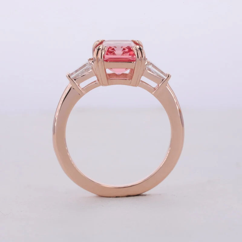 7*9mm Emerald Cut Parparadscha Pink Sapphire with Moissanite Ring in 10K Solid Rose Gold