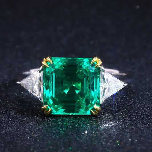 Asscher Cut Emerald & Triangle Moissanite Slide-Stone Engagement Ring in 10K White Gold