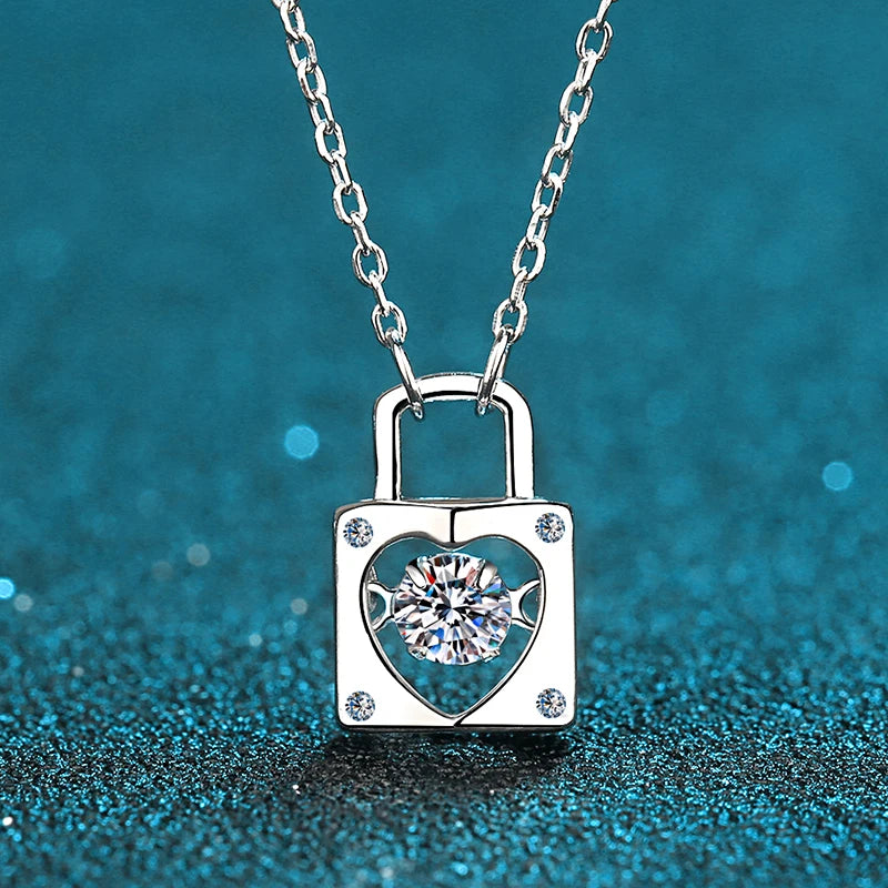 Heart-Shaped Lock Moissanite Pendant Necklace in 925 silver