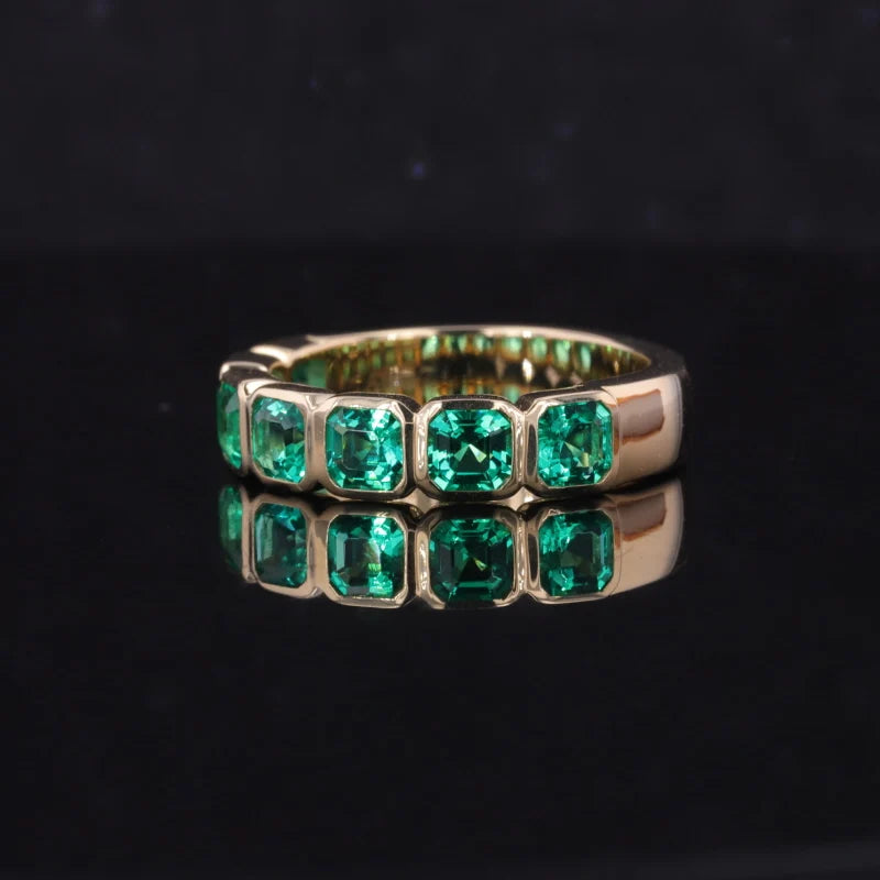 3.5mm Each, 1.75ctw Asscher Lab-Grown Colombian Emerald Half-Eternity Band Ring in 14K Yellow Gold