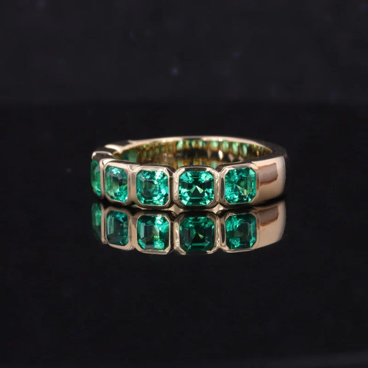 3.5mm Each, 1.75ctw Asscher Lab-Grown Colombian Emerald Half-Eternity Band Ring in 14K Yellow Gold