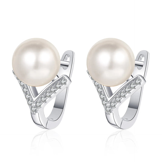 8mm Pearl Moissanite Y-design Earrings in Platinum Plated 925 Silver