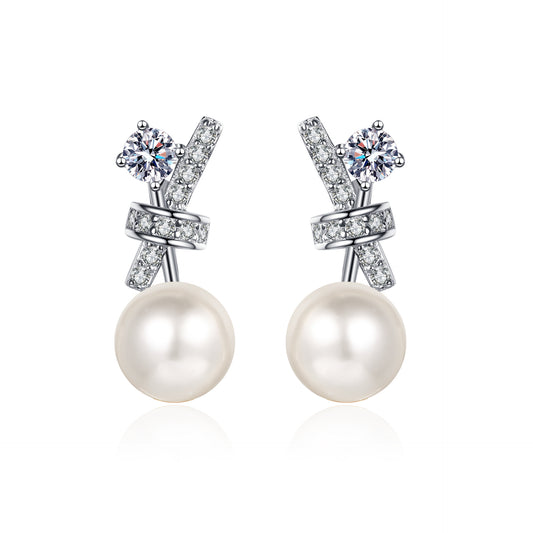 Pearl-Moissanite Earrings in Platinum-Plated 925 Sterling Silver